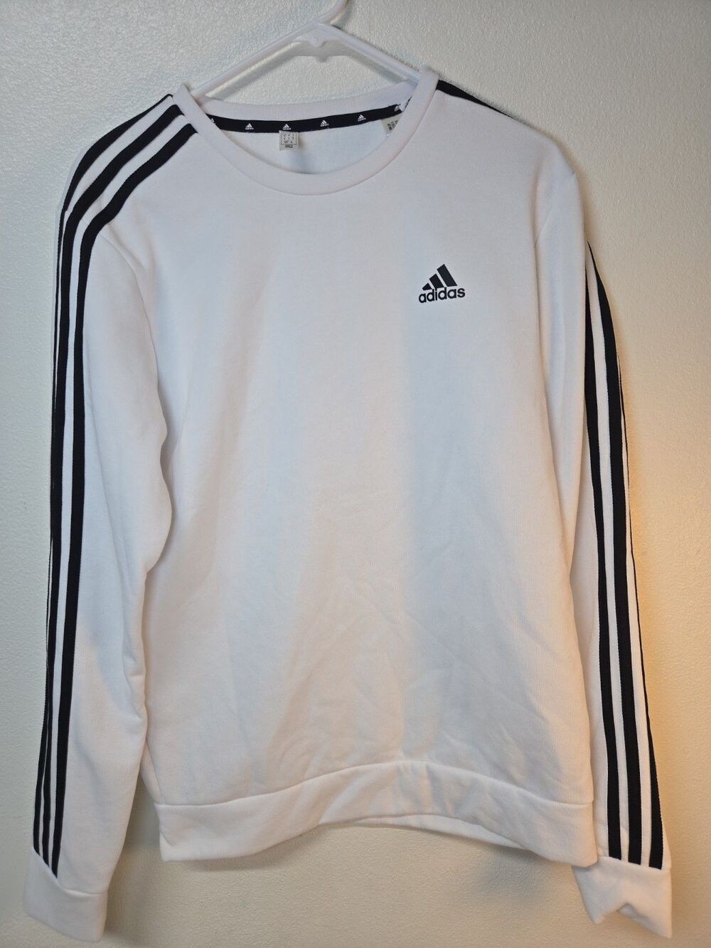 adidas White Primegreen Fleece Pullover Men's Small Striped Logo Crew Neck
